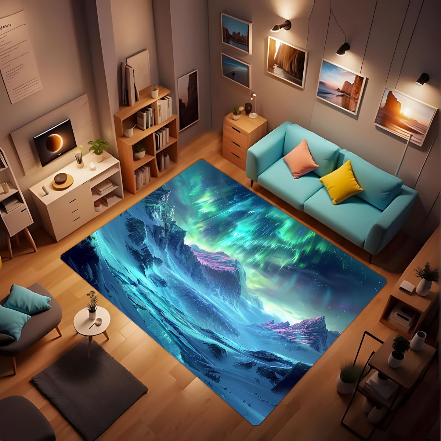 Landscape Carpet Blue Green Purple Gradient Style Aurora Snow Mountain Range Comfortable Atmosphere Floor mat Suitable for Bedroom Home Decoration Great Gift Practical Item 24x36inch