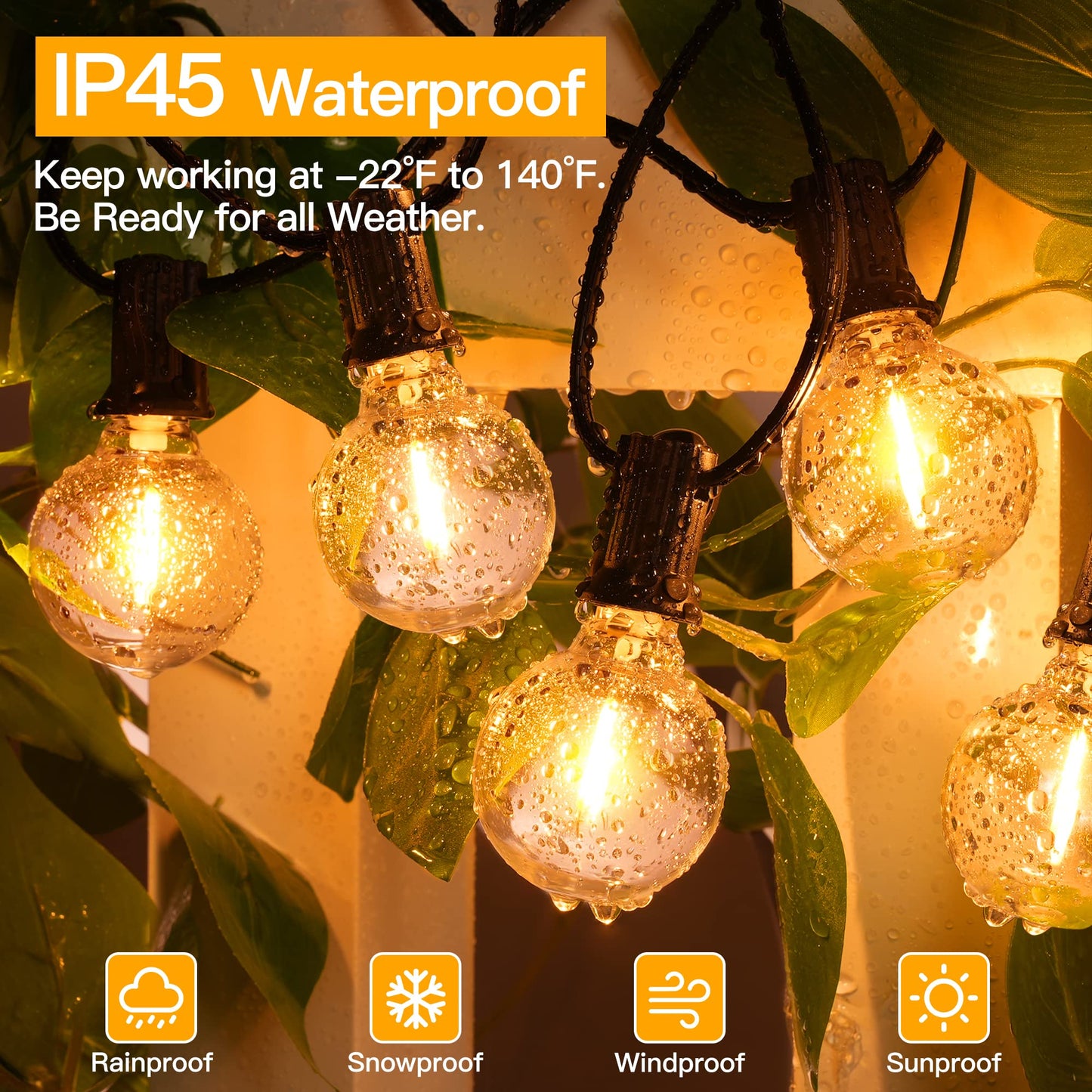 Ollny 50FT Outdoor String Lights, Waterproof Connectable Shatterproof Outside Light with 25 Edison + 2 Spare LED Bulbs Plug in, Patio Lights for Indoor Balcony Porch Camping Deck