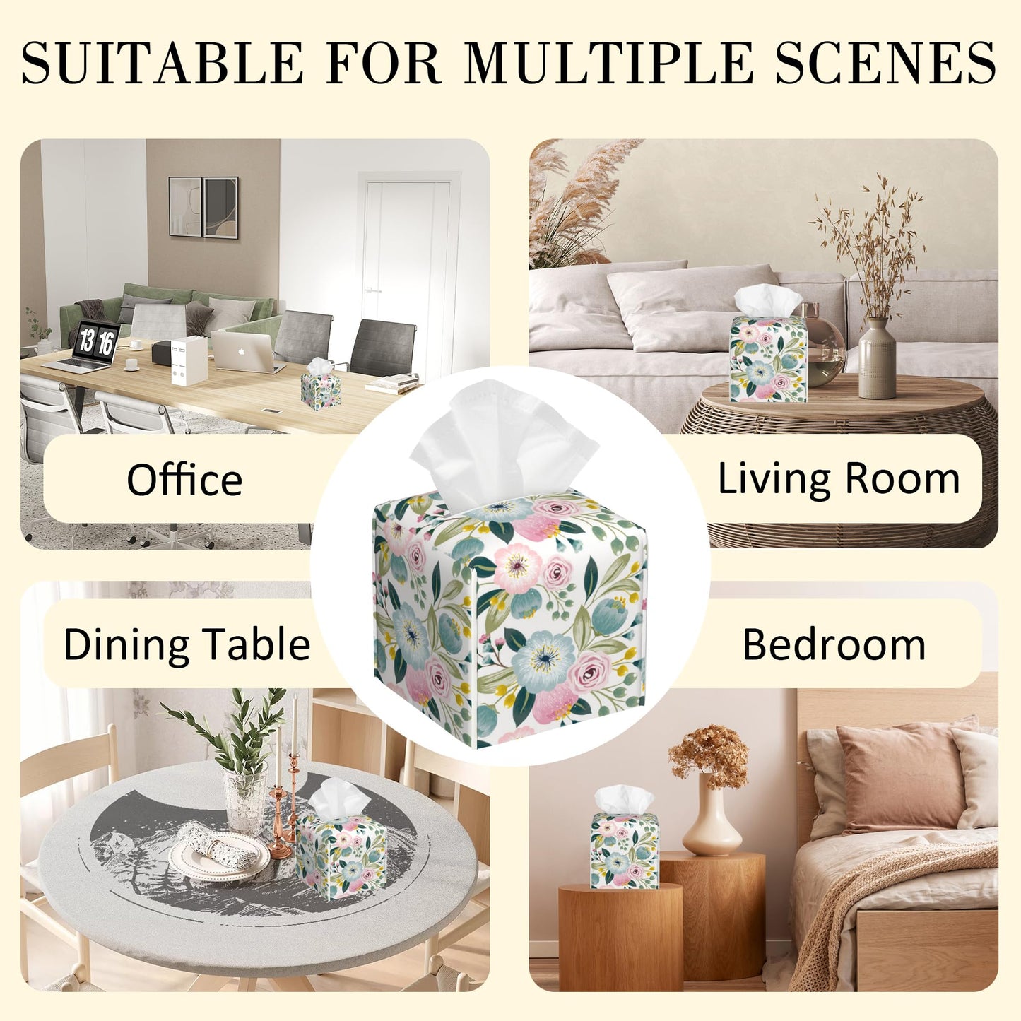 POIUBLE Spring Flowers Tissue Box Cover Leather Tissue Box Holder Square Facial Paper Organizer Dispenser for Bathroom Kitchen Bedroom Vanity Countertop Night Stands