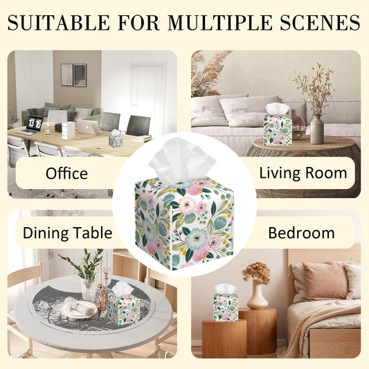 POIUBLE Spring Flowers Tissue Box Cover Leather Tissue Box Holder Square Facial Paper Organizer Dispenser for Bathroom Kitchen Bedroom Vanity Countertop Night Stands