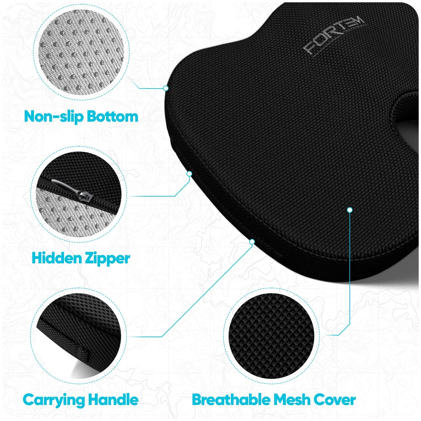 FORTEM Seat Cushion, Office Chair Cushion, Lumbar Support Pillow for Office Chair, Memory Foam Sciatica Coccyx Tailbone Pressure Pain Relief, Car Sitting Pad, Washable Non Slip