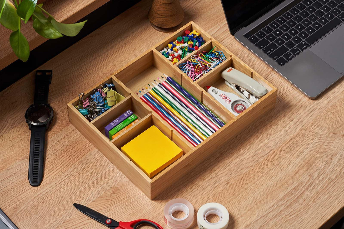 Umilife Bamboo Desk Drawer Organizer, Wood Junk Organizer Tray with Adjustable Dividers, Anti-Skip Storage Organization in Office Bathroom Drawer for Vanity, Makeup, 12" x 9"