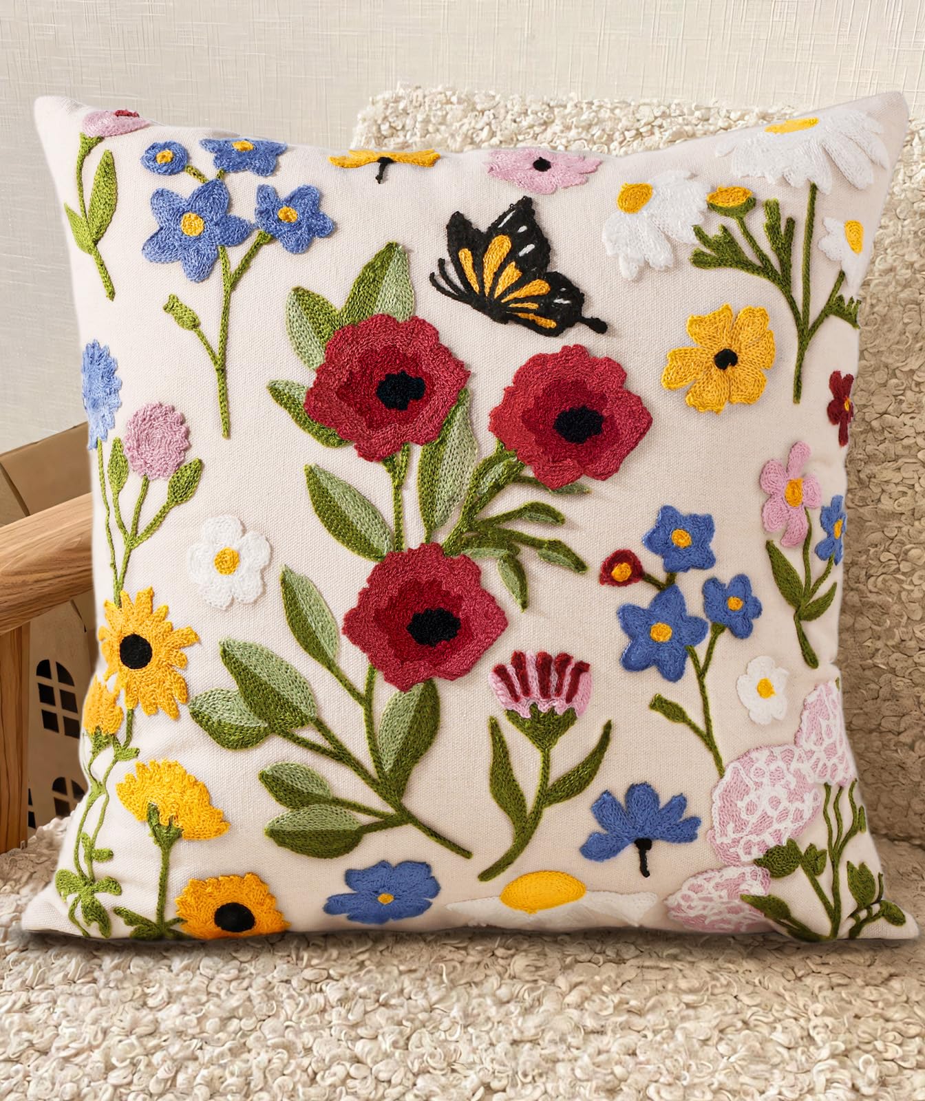 Kokaaee Embroidered Throw Pillow Cover 18x18 Inch - Spring Summer Boho Decorative Pillow Cover with Zipper for Living Room Couch Sofa Bed Aesthetic Design Retro Flower Cushion Pillowcase