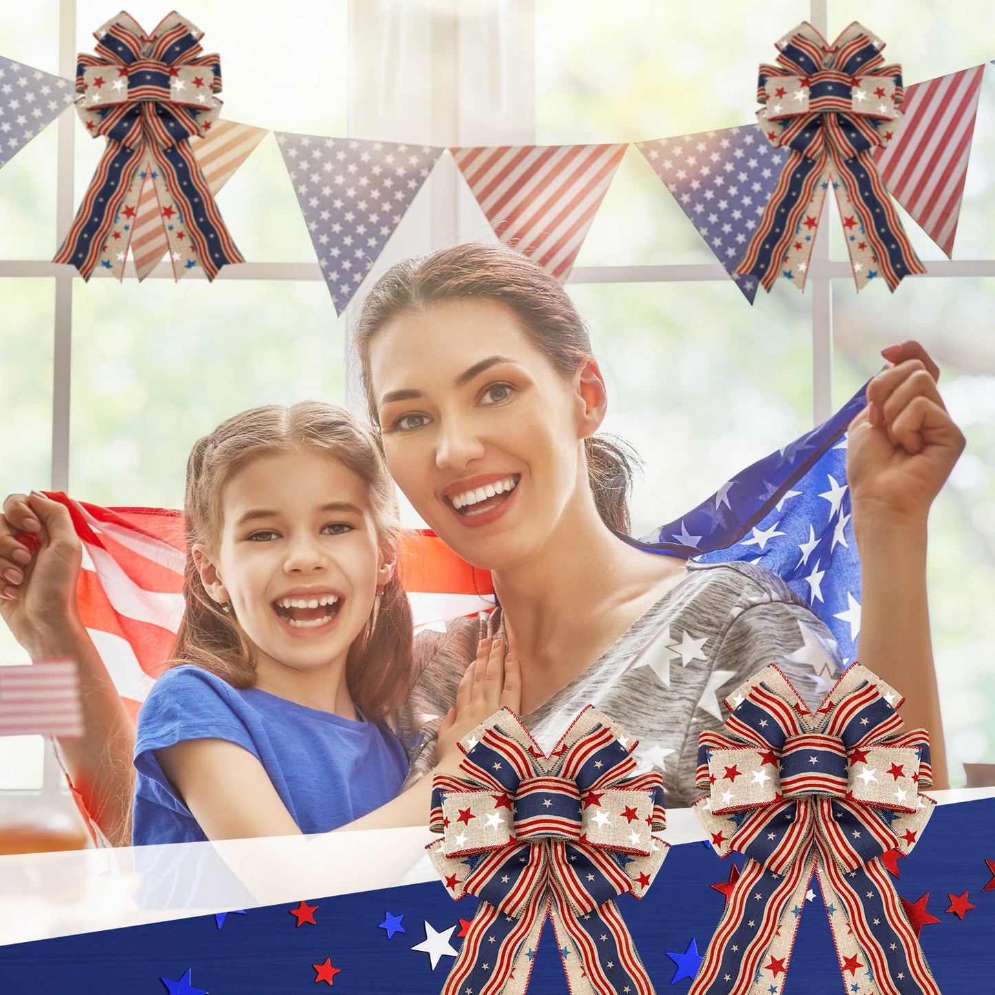 Moucuny 2 Pcs Memorial Day Bows 4th of July Patriotic Burlap Bow Red White Blue Stars Tree Topper American Flag Wreath for Indoor Outdoor 250th Anniversary Independence Party Decoration(Rustic)