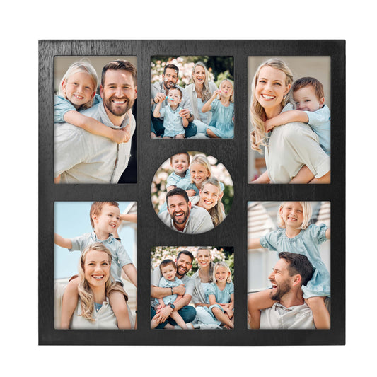 MONT PLEASANT Picture Frame Collage for 4x6 and 4x4 Photos - 7 Openings Black Frame Wall Decor for Tabletop Stand and Wall Mounting - Home and Family Display