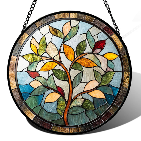 QZQCBLC Stained Glass Window Hanging Colorful Tree of Life 7.8" - Plant Leaves Suncatcher Door Garden Sun Catcher Home Decor Birthday Christmas for Mom Men Woman Nana Friend