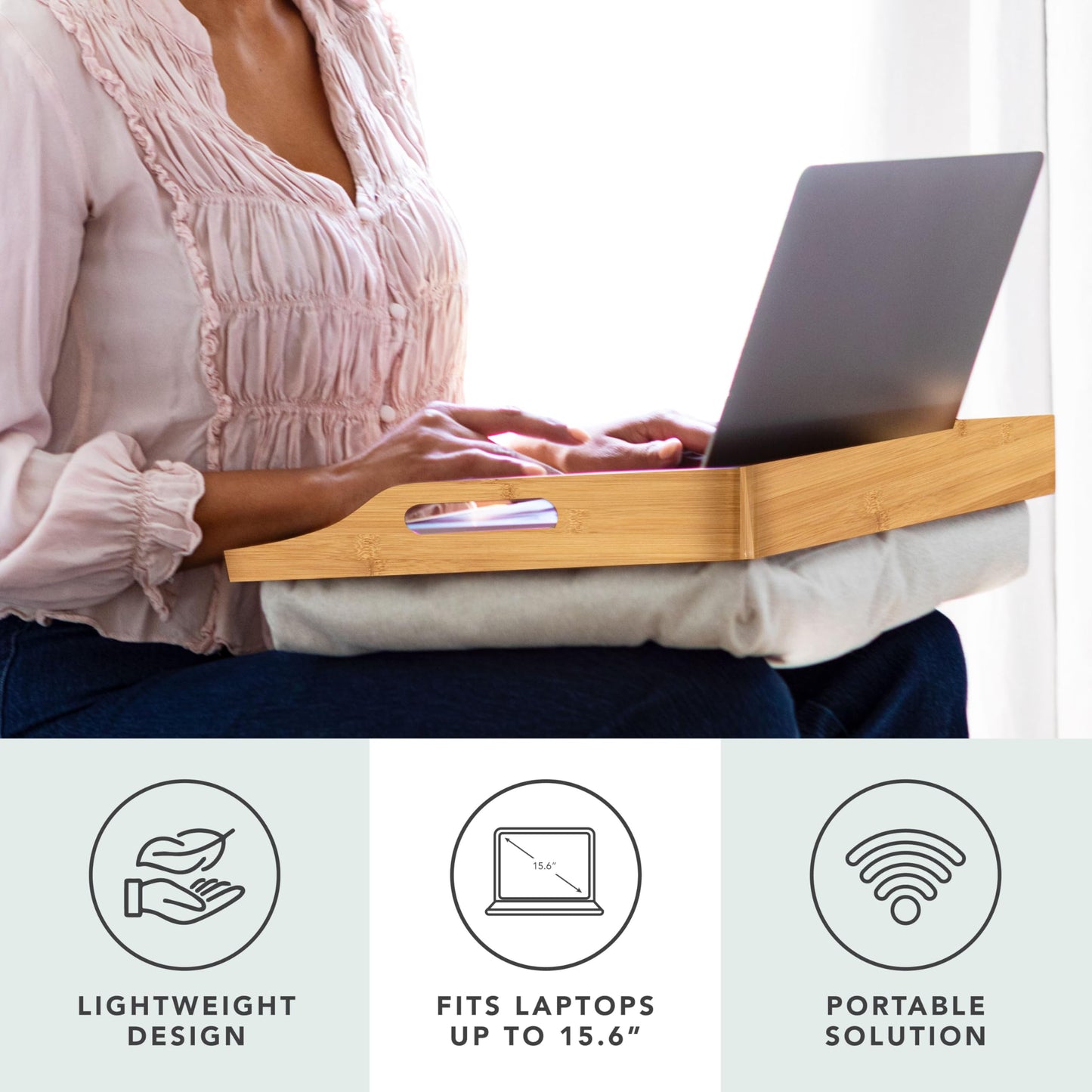 ROSSIE HOME Bamboo Wood Bed Tray, Lap Desk with Detachable Cushion, Serving Tray - Natural - Fits up to 15.6 Inch Laptops - Style No. 76107