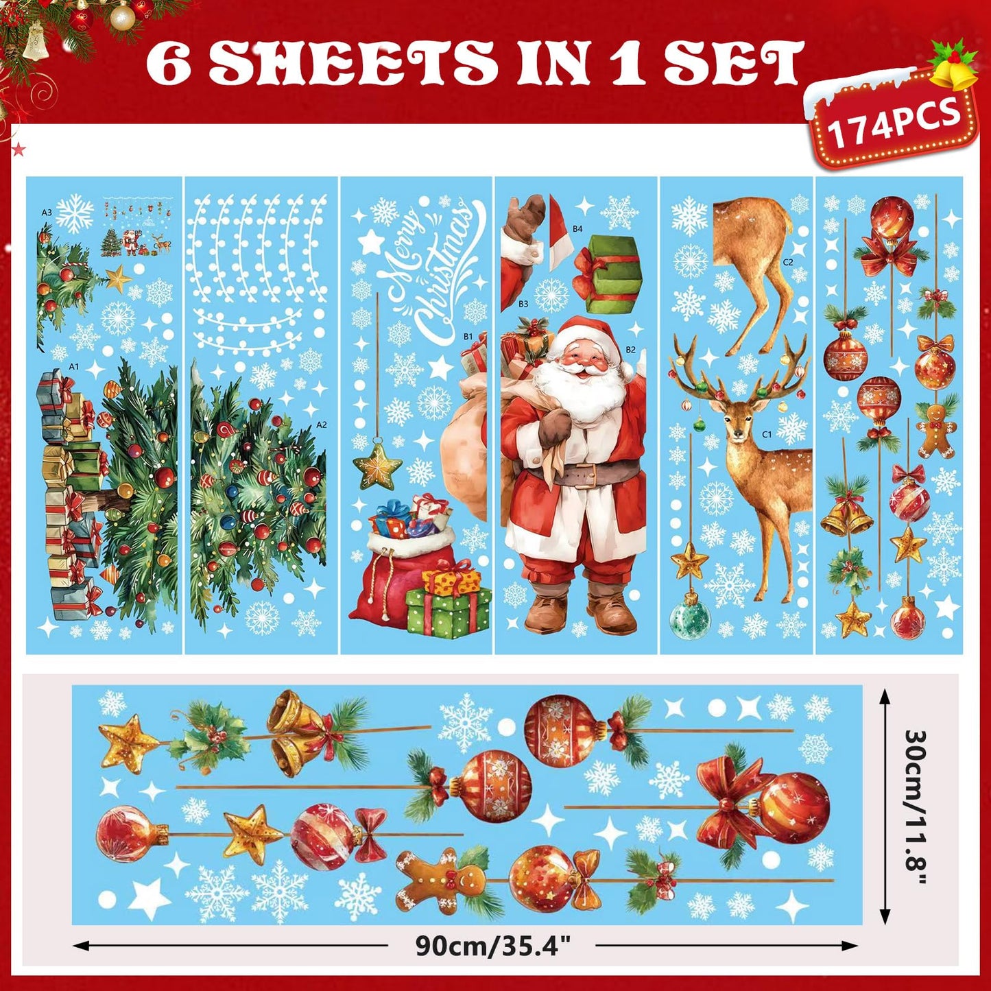 Jyanl 174PCS Christmas Window Clings Decorations Cute Large Christmas Tree Stickers Santa Claus Xmas Fall Window Snowflake Decal for Holiday Party Office (6 Sheets