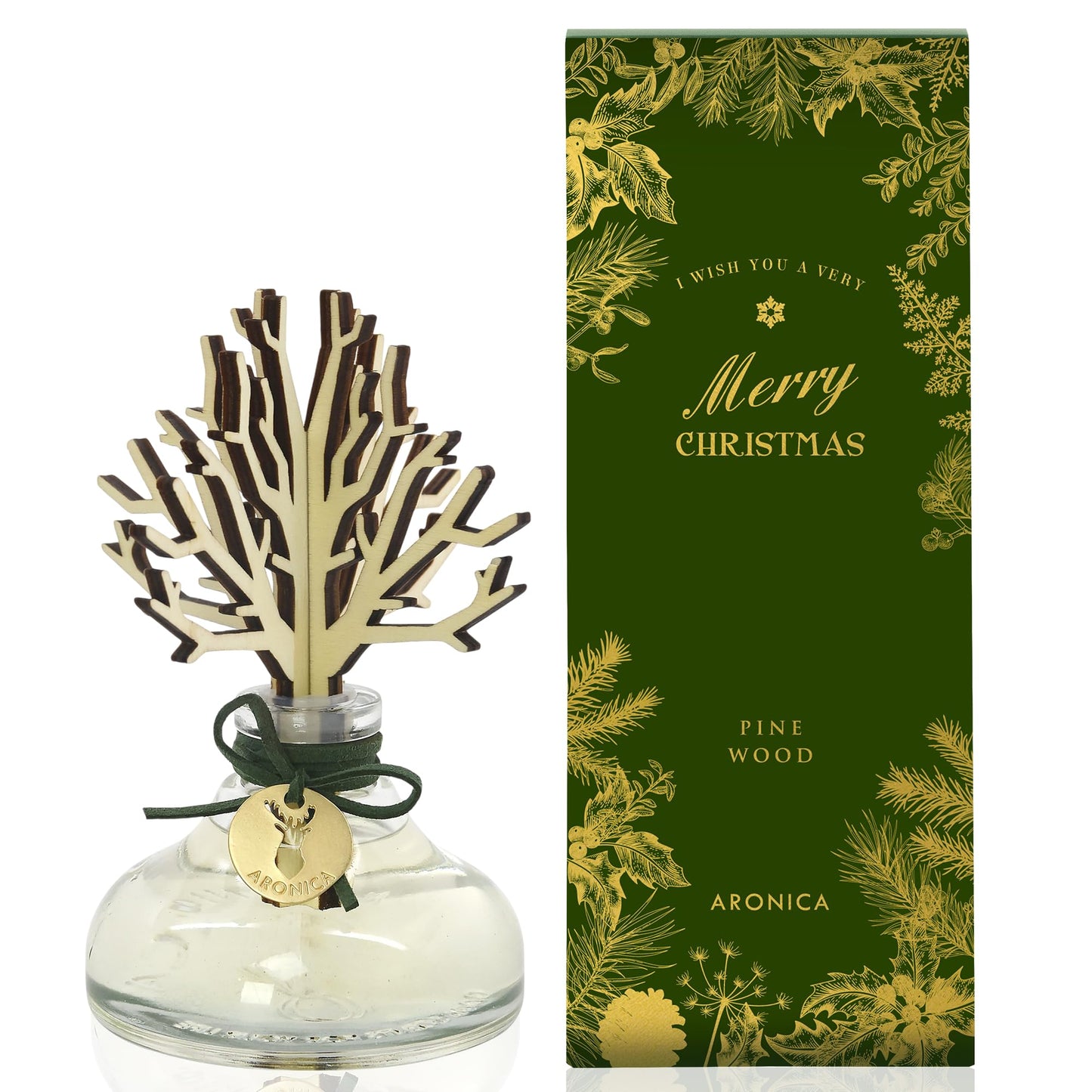 Aronica Christmas Diffuser 120ml / 4floz- Pine Wood Scent, Frasier Fir Winter Decorations for Home, Nordic Bookshelf Decor Green, Centerpieces for Table, Masculin Bathroom Shelf Diffuser Liquid
