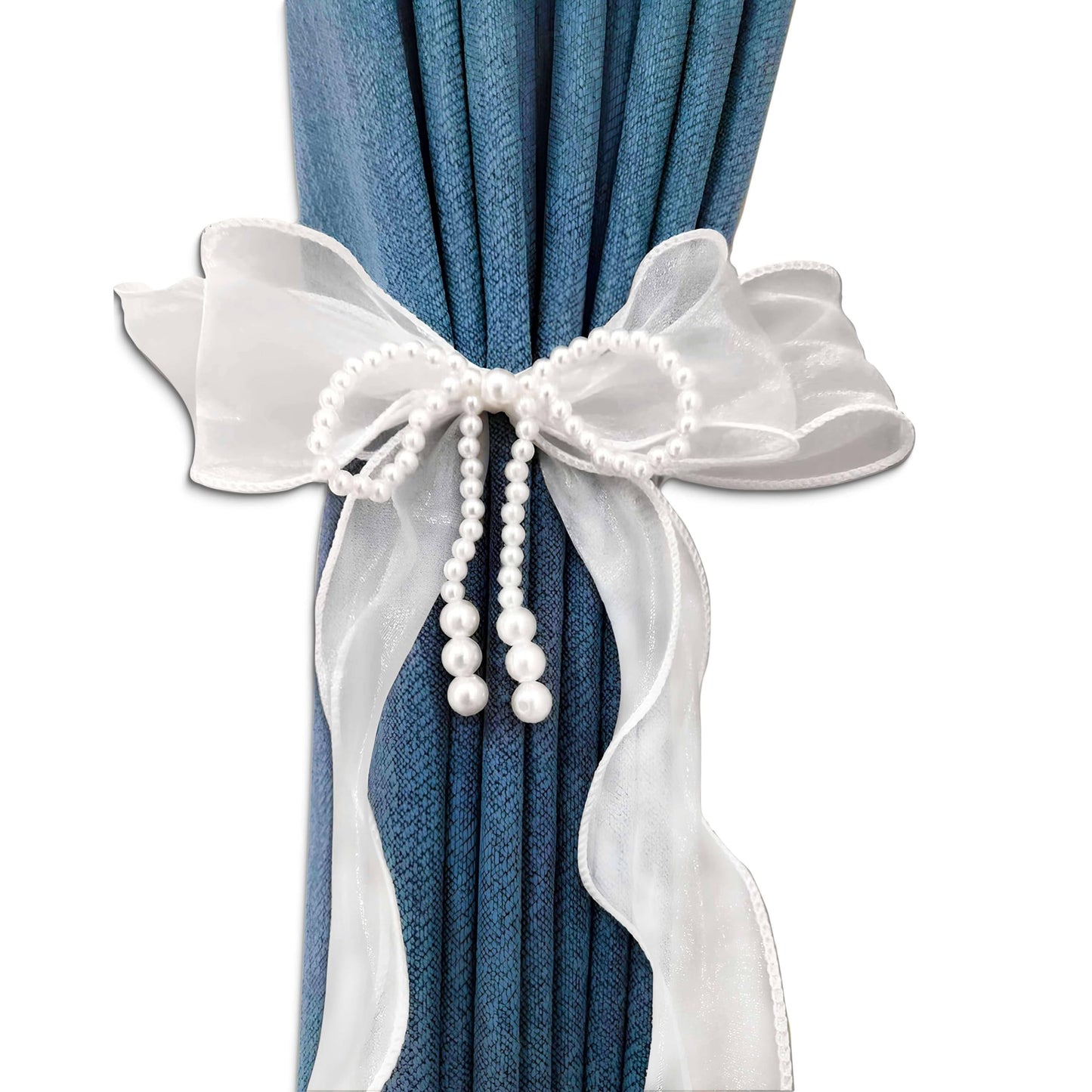 SIELUNO Bow Curtain Tiebacks 2 Pcs,Butterfly Curtain Ties with Pearls,Bowknot Curtain Ties for Home Decorative-White-86cm(33.86in)