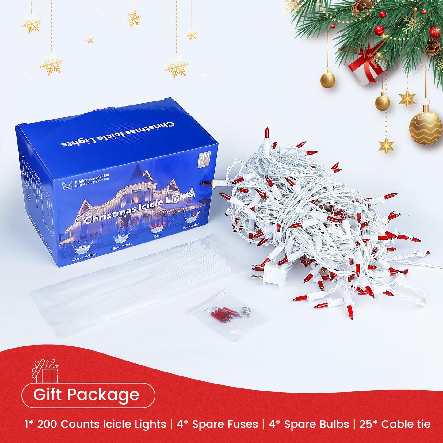 BEEWIN 23FT 200Count Red Icicle Lights,White Wire Icicle Mini Lights Plug in with 40 Drops,Hanging Curtain Fairy String Light Connectable for Christmas Valentine's Day Halloween Party Decorations