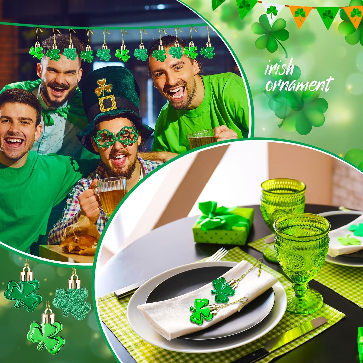 Jutom 54 Pcs Valentines Day Tree Decorations Heart Hanging Ornaments St. Patrick's Day Shamrock Easter Egg Tree Ornaments Heart Shaped Clover Baubles for Holiday Party (Classic Style)