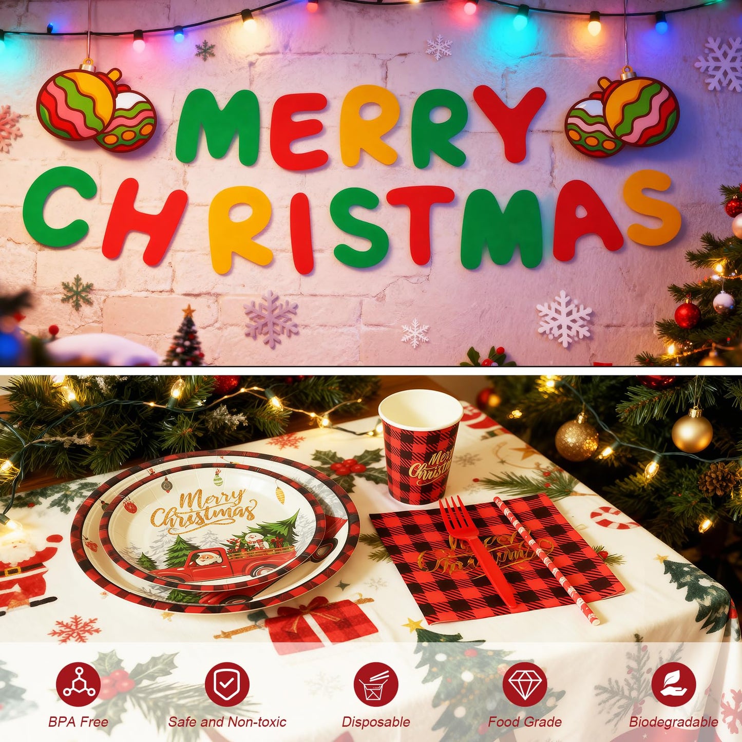 TOTOMA Christmas Party Decorations Paper Plates & Napkins 25 Guest, Disposable Plates Set, Holiday Paper Plates, Napkins, Cups with Golden Print, Santa Driving Pattern, Straws, Banner for Christmas