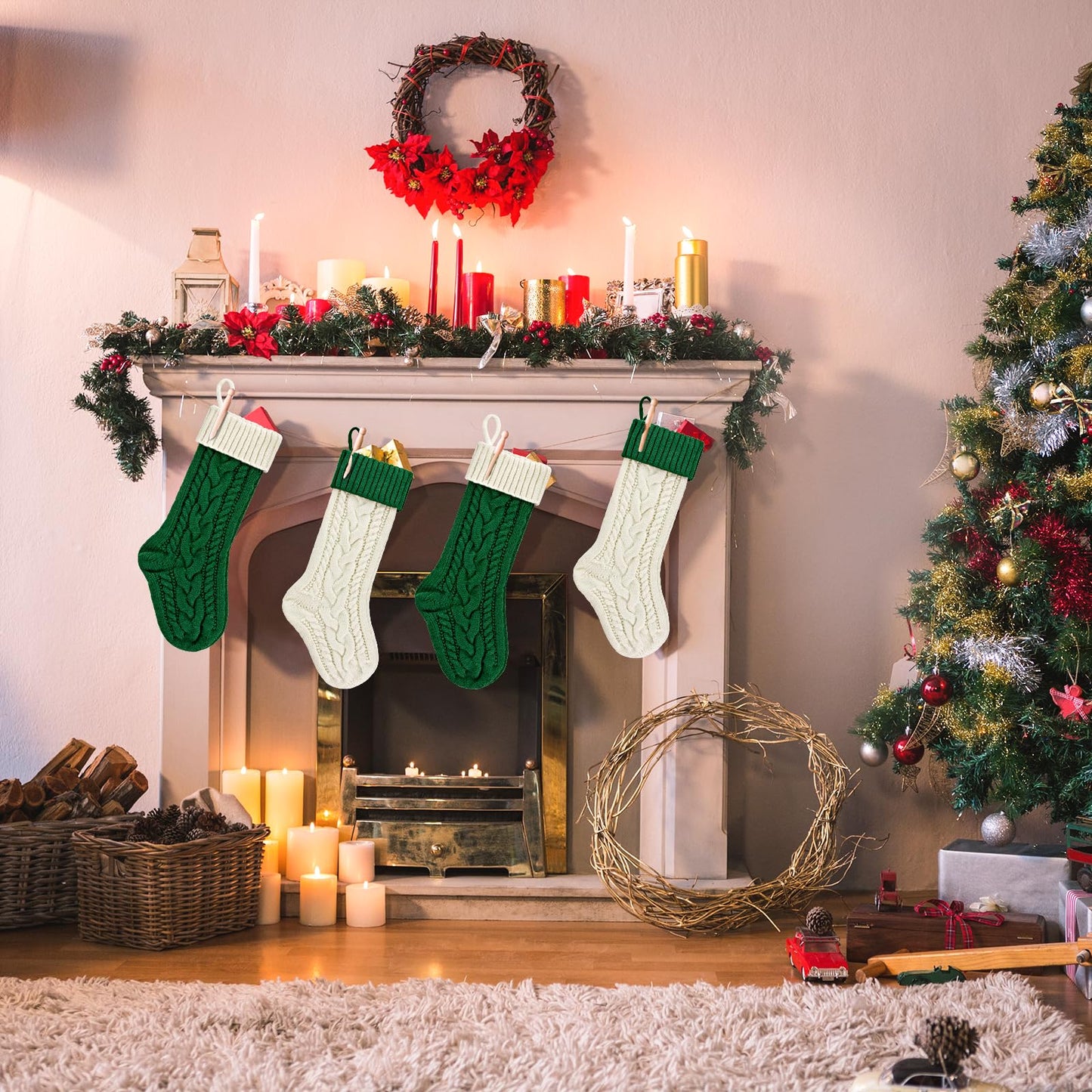 PETOX 2 Pack 18" Personalized Christmas Stockings, 18inch Large Cable Knitted Xmas Hanging Stocking Decorations for Holiday Christmas Party Family Decor (Lvory/Green)