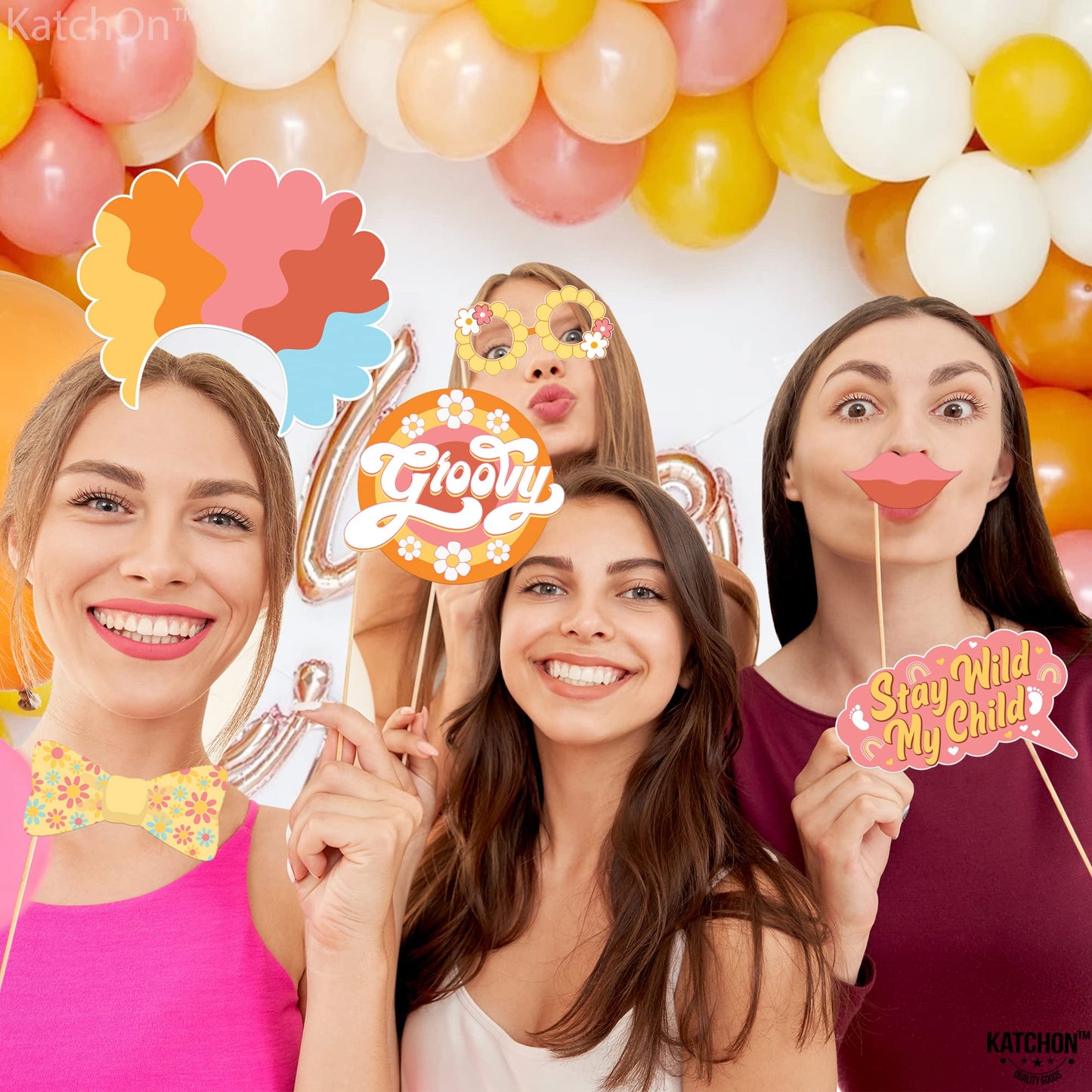 KatchOn Groovy Photo Booth Props - Pack of 40, 60s & Retro Props for Two, Hippie Party Decorations