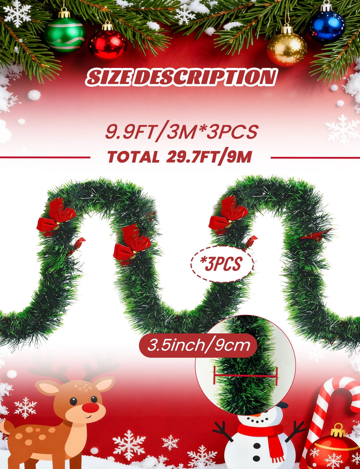 Christmas Tinsel Garland with Light Green Tips (Total 29.7FT) and 27 Red Bows, Festive Pine Garland for Staircase Fireplace Mantle Xmas Tree and Home Party Decor (9.9FT * 3PCS)