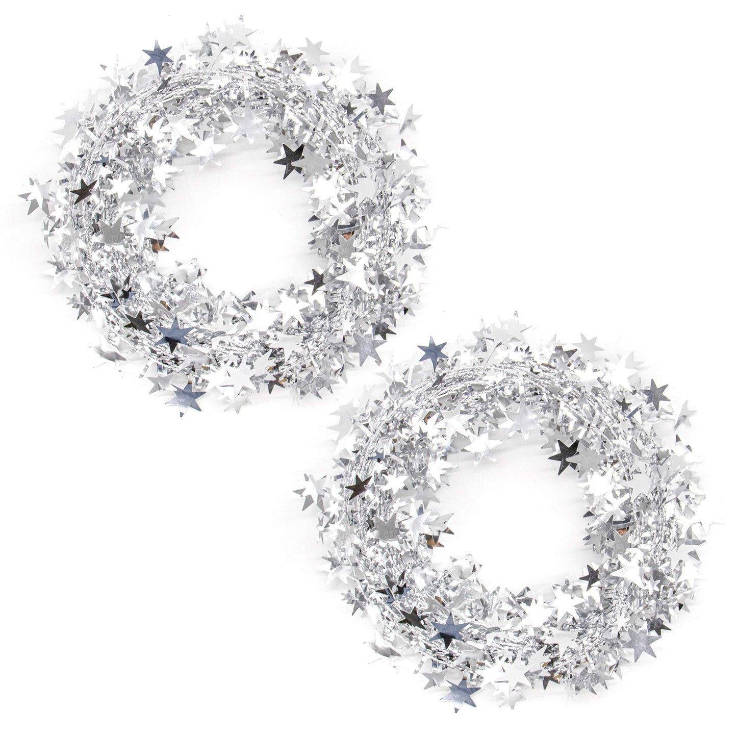 AUEAR, 2 Rolls 50 Ft Silver Sparkly Star Tinsel Garlands with Wire Christmas Decorations for Xmas Tree Home Wedding Birthday Party Festive Ornament