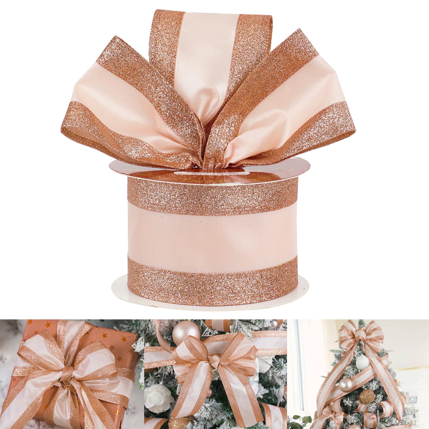HUIHUANG Rose Gold Christmas Ribbon Wired Satin Ribbon with Glitter Stripe Edges 2.5 inch for Christmas Trees, Bows Making, Wreaths, Gift Wrapping Garland, Home Decor, Crafts -10 Yards