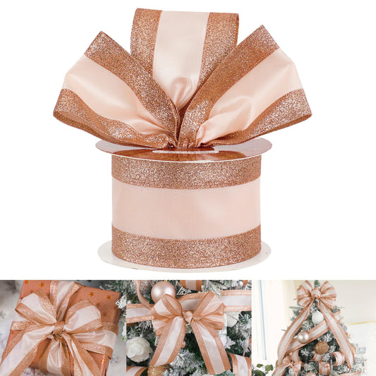 HUIHUANG Rose Gold Christmas Ribbon Wired Satin Ribbon with Glitter Stripe Edges 2.5 inch for Christmas Trees, Bows Making, Wreaths, Gift Wrapping Garland, Home Decor, Crafts -10 Yards