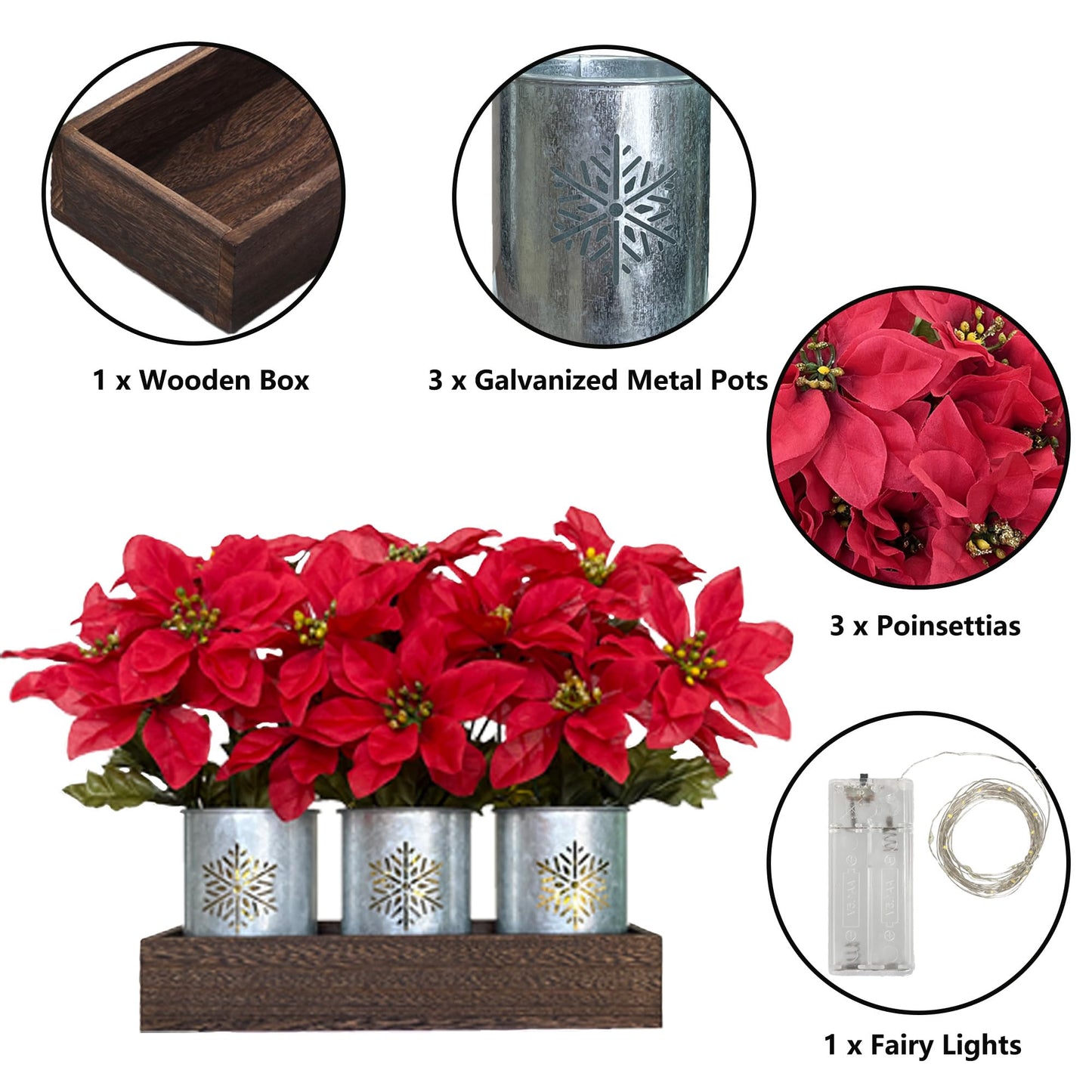 HEMYLU Poinsettias Artificial Christmas Flowers with LED Lights, Red Xmas Table Centerpiece in Pots and Wood Box for Decoration