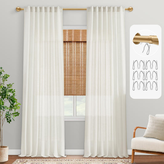 Undyed Natural Linen Cotton Blend Gauze Curtains, Soft Lightweight Light Filtering Semi-Sheer Panels for Living Room Bedroom, 84 Inch Length, 2 Panel Set