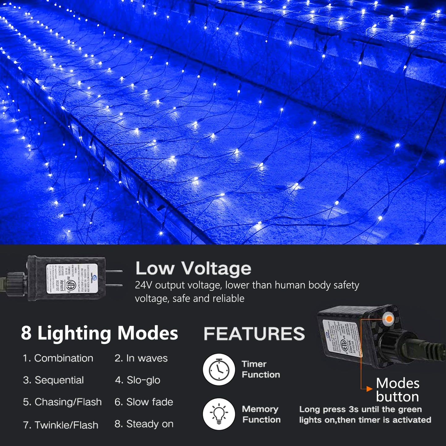 iBaycon 4ft x 6ft Christmas Net Mesh lights, 8 Modes Timer Connectable Waterproof Christmas Lights for Trees, Bushes, Wedding, Garden, Outdoor Decorations (Blue, 1PACK)