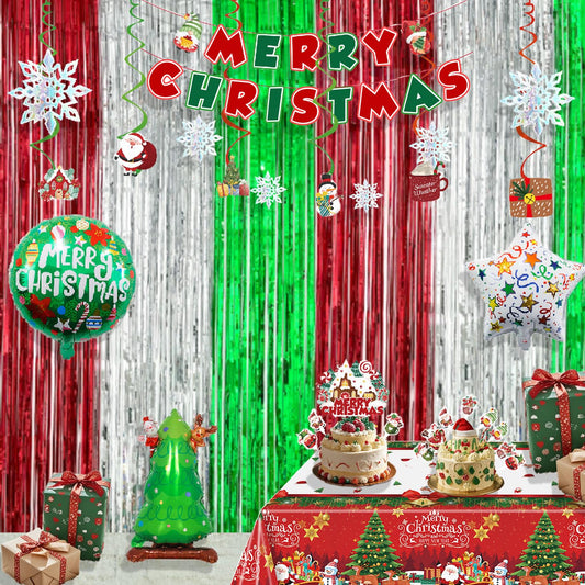 Christmas Party Decorations Set, Merry Christmas Banner, Multicolor Fringe Curtains, Xmas Tree Deer Tablecloth, Santa Cake Topper, Foil Balloons, Snowman Hanging Snowflakes Swirls