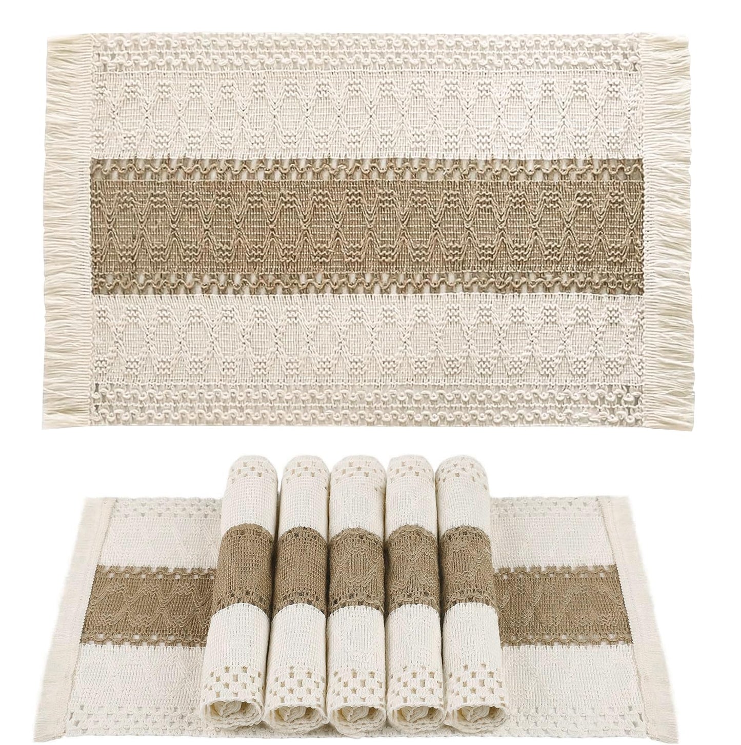 Ruvanti Cloth Placemats Set of 6 – 17.5"x12" Blend of Cotton, Polyester & Jute, Woven Placemats Washable Fabric, Table Mats Perfect for Farmhouse Kitchen, Parties, Holidays - Tobacco Band