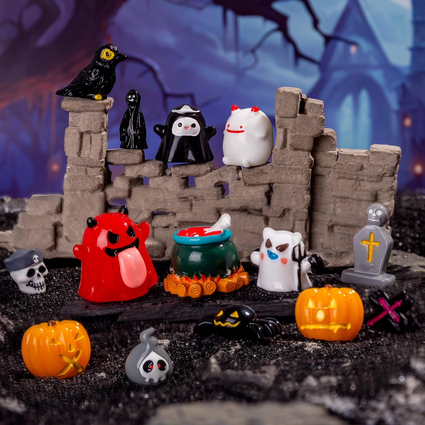 Teenzee 44P Mini Halloween Figurines Tiny Figures Resin Miniature Little Small Figurines Bulk for Micro Fairy Garden Landscape Accessories Hide Crafts Decor