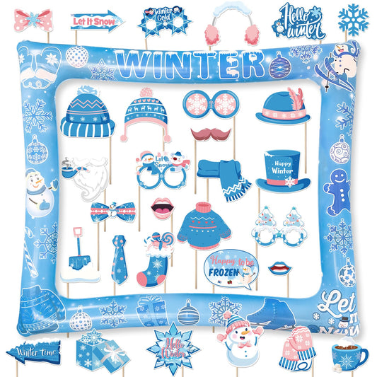 Winter Photo Booth Props Inflatable Frame, 30Pcs Winter Wonderland Photo Props with Inflatable Picture Frame Large for Frozen Holiday Party Selfie Supplies