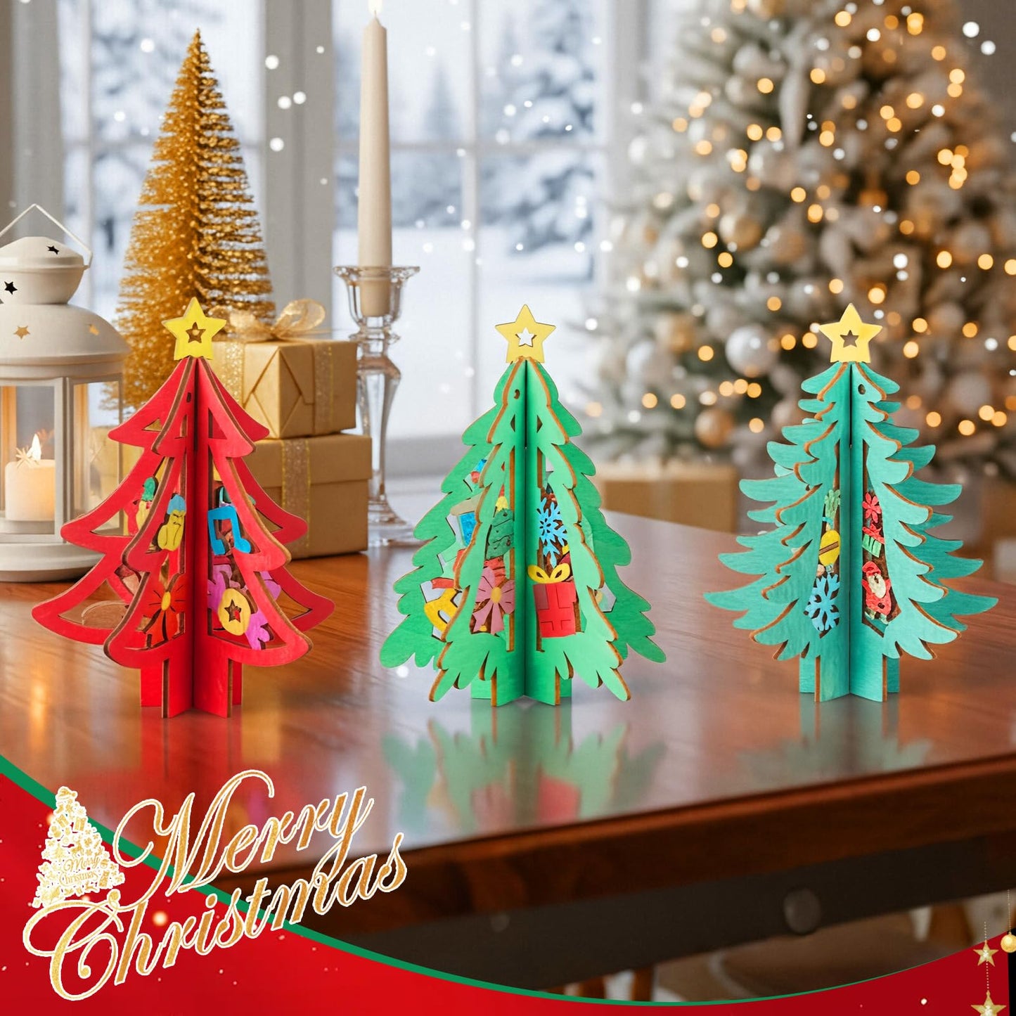 Chunful 72 Pcs Christmas Tree Wooden Crafts DIY 3D Christmas Tree Signs Xmas Unfinished Wood Cutouts Crafts Ornaments Hollow Wooden Slices Hanging Decoration for Xmas Holiday Tabletop Gifts