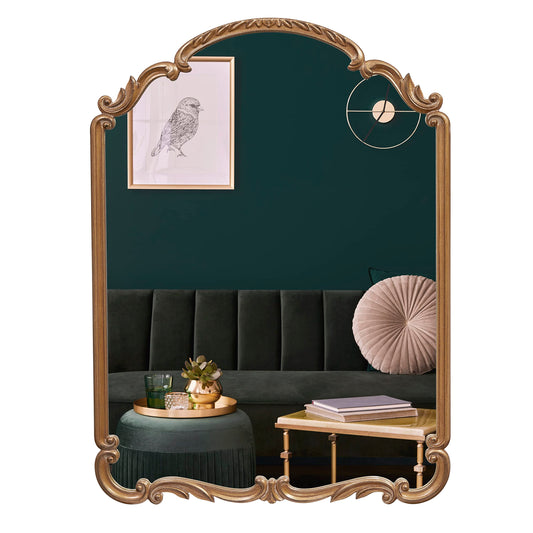 Wylde Iris English Estate Carved Arch Wood Wall Mirror, Mirror for Entryway, Living Room, Bathroom, Antique Gold, 22x30