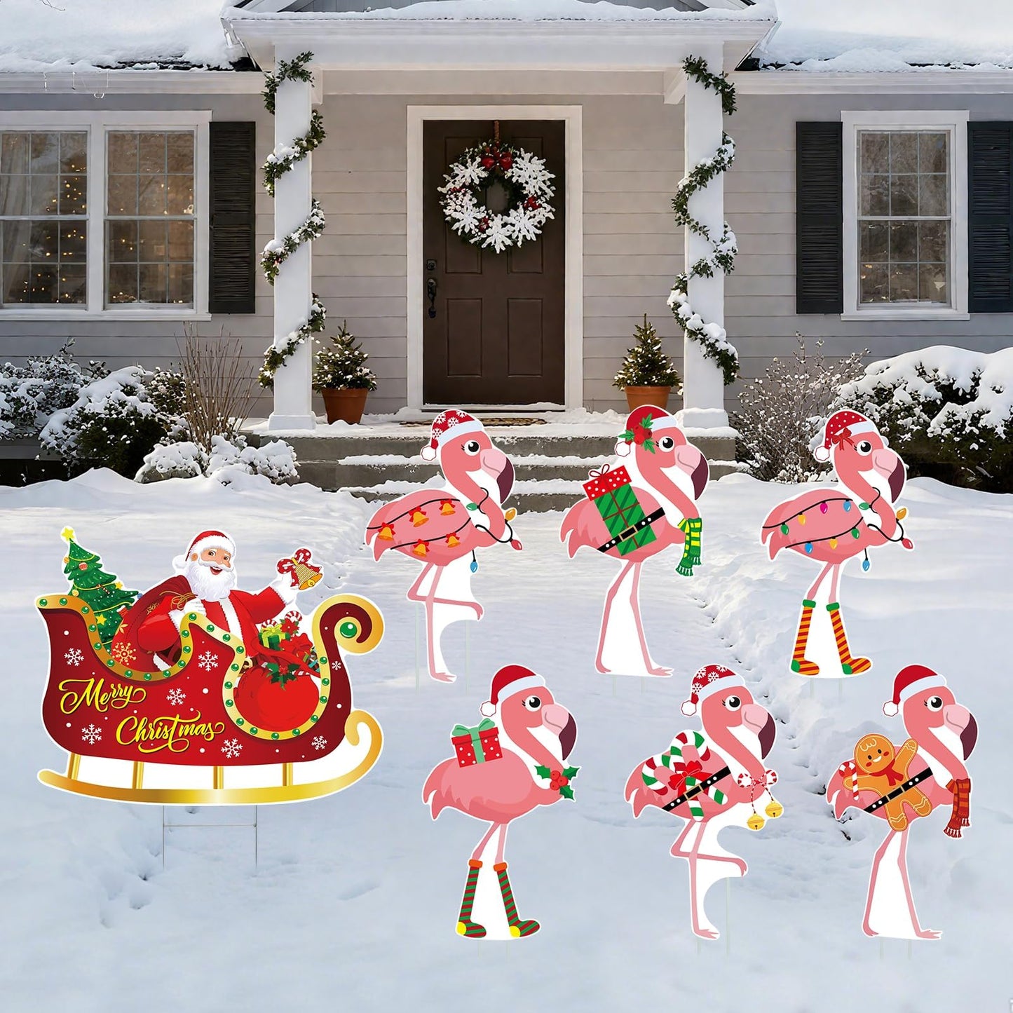 ARQRHTLY 7pcs Christmas In July Flamingo Yard Sign with Stakes Waterproof Outdoor Lawn Garden Holiday Decoration for Patio Front Yard Pool Party Beach Seasonal Festive Decor Eye Catching Flamingo Sign