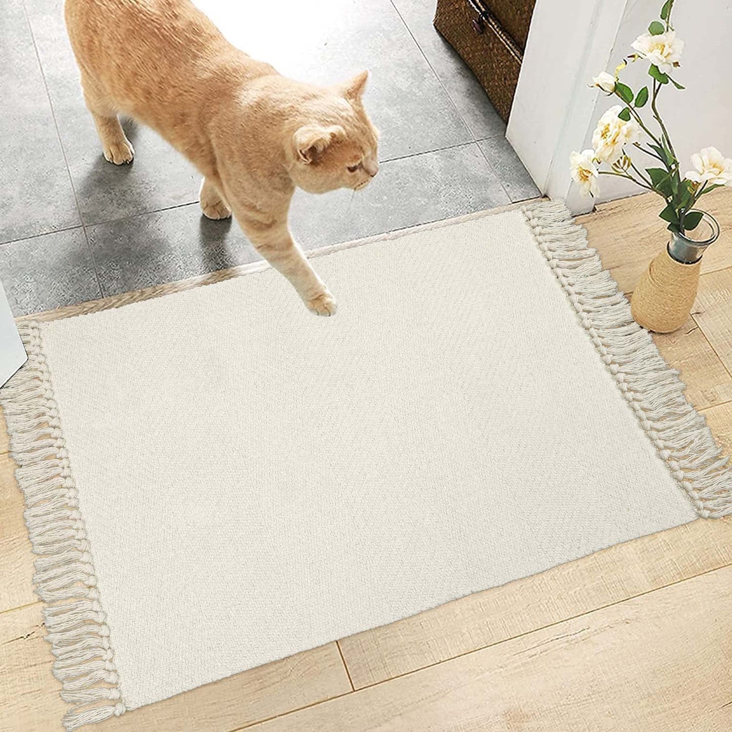 Collive Small Bathroom Rug, 2' x 3' Hand-Woven Low Profile Front Entryway Rug, White/Beige Cotton Reversible Washable Kitchen Mat Modern Farmhouse Carpet for Foyer Bedroom Back Door Decor