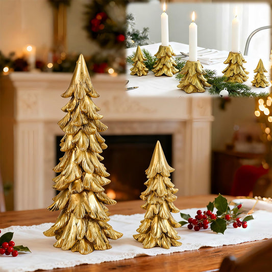 Stentec Christmas Table Decorations, Vintage Xmas Golden Resin Tree Candle Holders Set, Combined into Golden Tabletop Pine Tree for Holiday Wedding Party Mantle Fireplace Dining Room Centerpieces