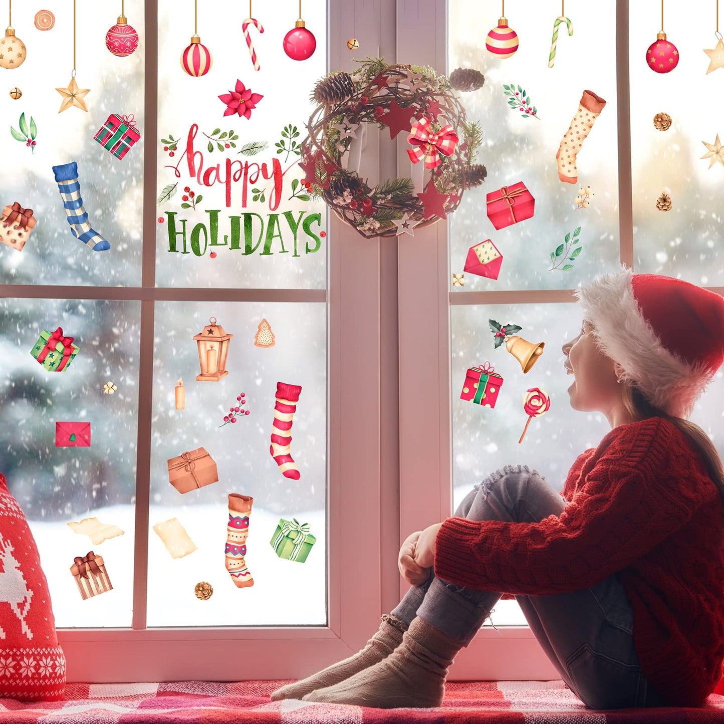 Happy Holiday Wall Stickers Christmas Window Stickers with Socks Candy Copper Bell Decals Removable Vinyl Wall Decals Window Xmas Self-Adhesive Holiday Home Decoration