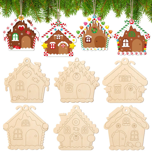 COCHIE Wooden Christmas Ornaments to Paint for Kids Adults Set of 24, Xmas Unfinished Wood Crafts for Painting, DIY Paintable Christmas Cutouts Slices for Craft with Ropes (Gingerbread House)
