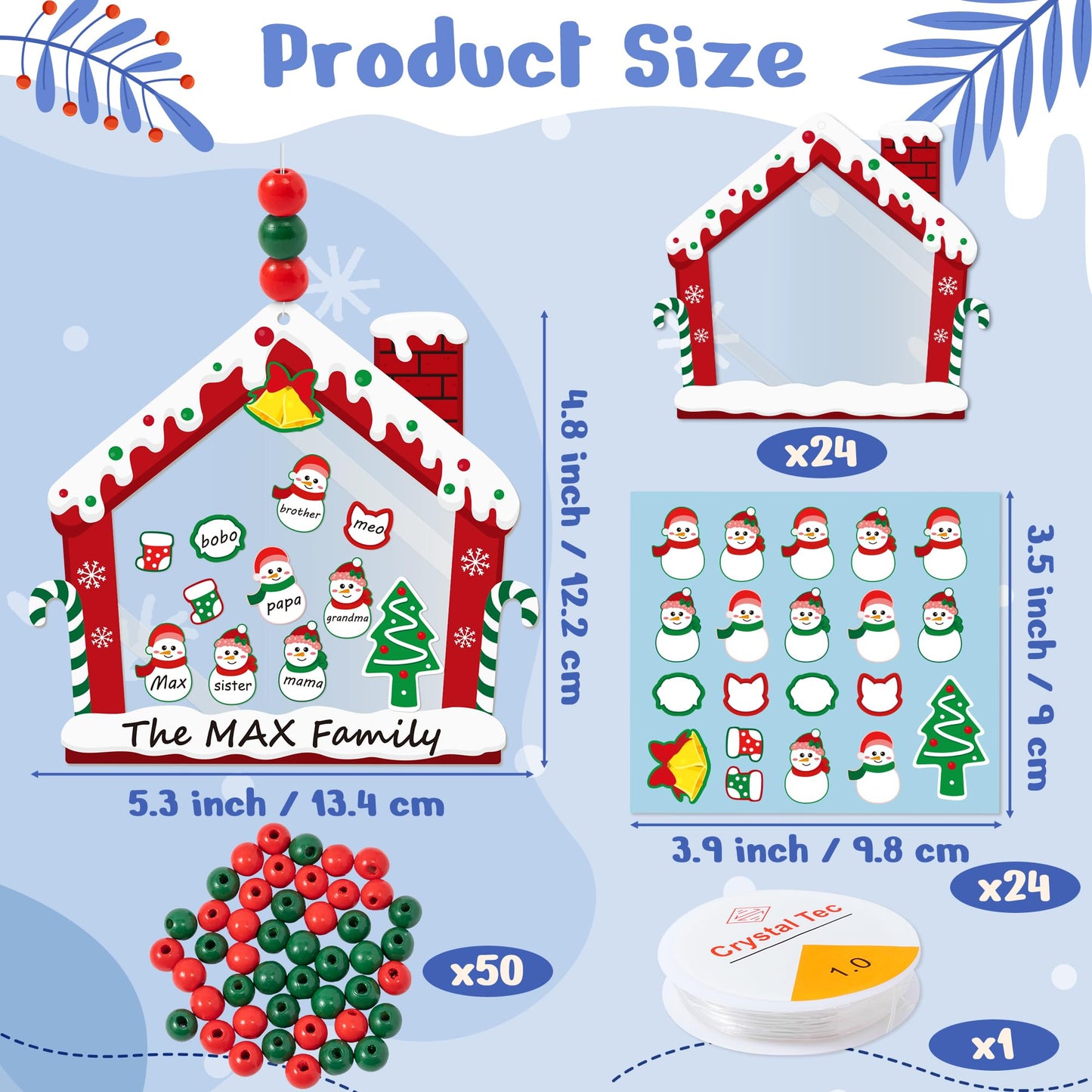 B1ykin Christmas Tree Ornament Kit - 24Pcs DIY Snowman House Paper Craft for Kids, Xmas Family Names Personalized Decor with Wooden Beads, Classroom Homeschool Christmas Party Favors (Snowman)