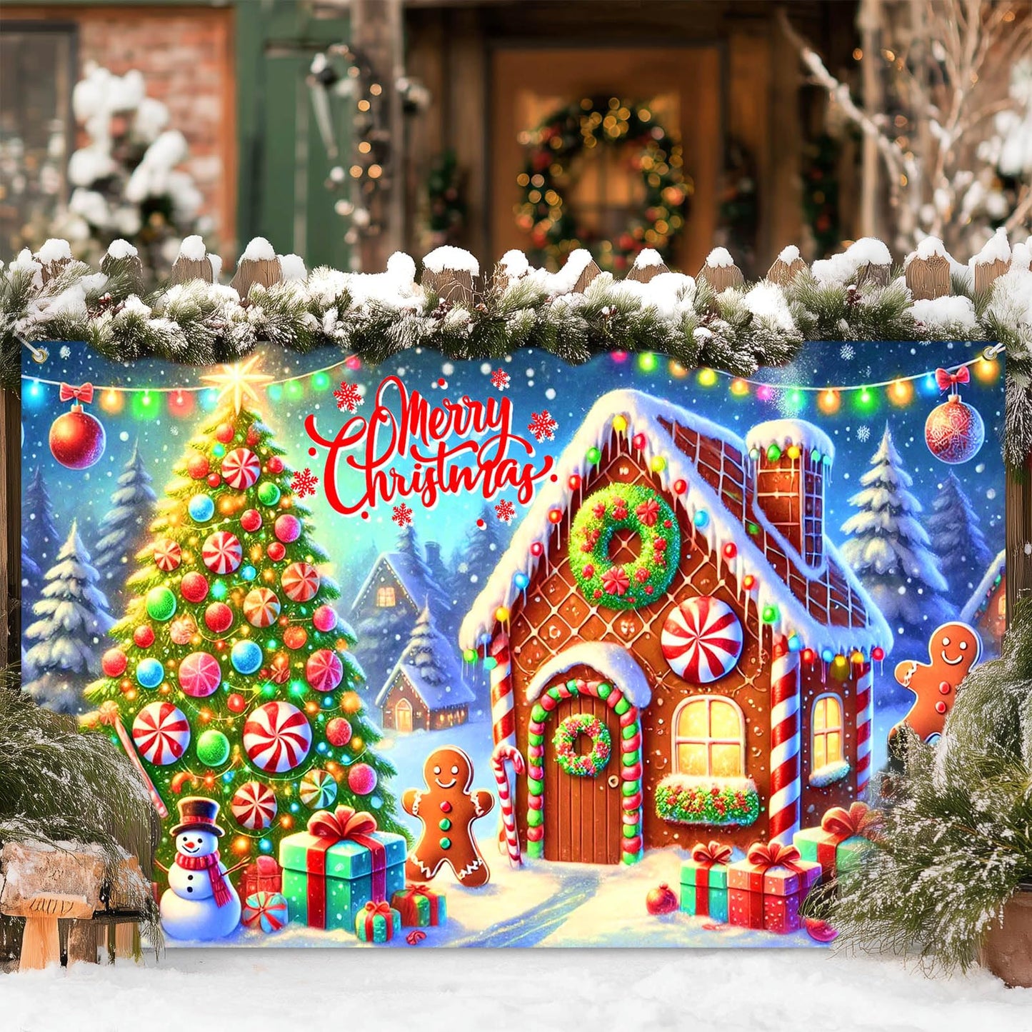 BlissYard Gingerbread Christmas Backdrop 71x43 Inches Snowman Tree Scene Banner Holiday Photography Background Indoor Outdoor Merry Christmas Decoration for Wall Party Display