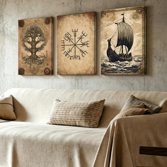 Pennimor Set of 3 Framed Canvas Wall Art For living Room - 12x16in Tree of Life Viking Ship Wall Artwork Printing, Vintage Nautical Wall Art For Bedroom, Hallway, Home, Office or Farmhouse Wall Decor