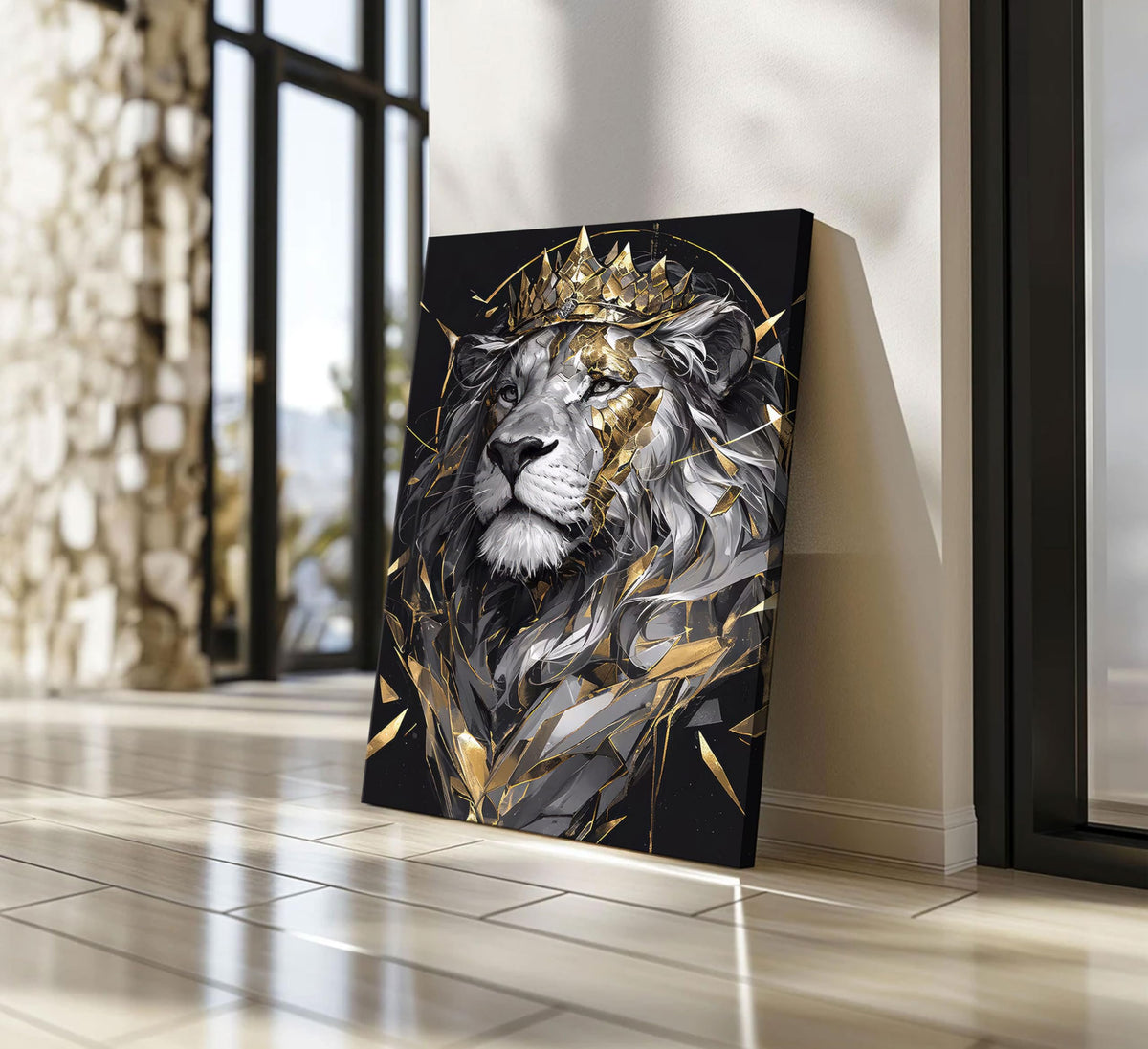 Lion King Canvas Wall Art Man's Cave Poster Prints Crown Lion Pictures Modern Abstract Black Gold Animal Painting Wall Decor Living Room for Men's Bedroom Office 12x16in Framed
