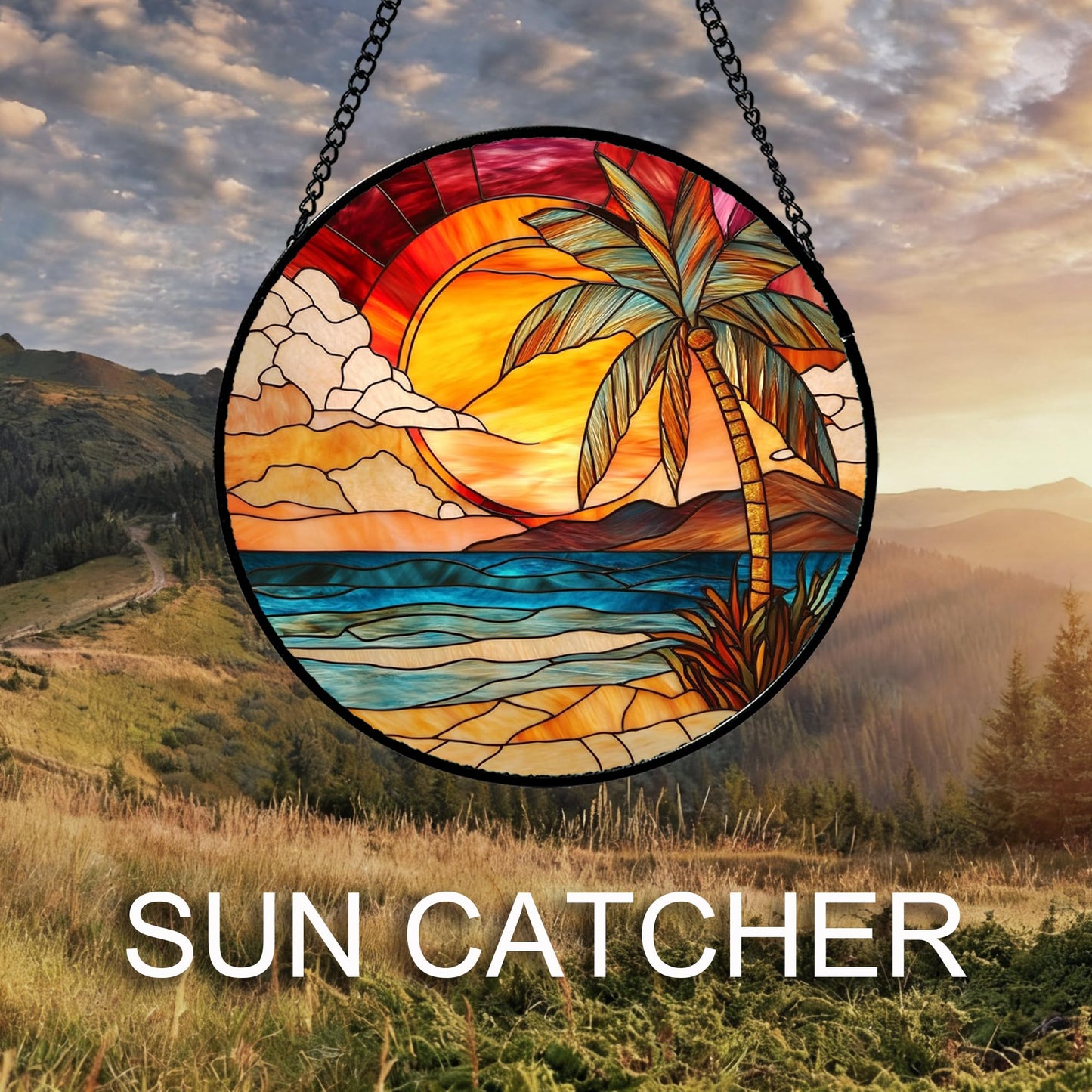 CHATYOUNG Stained Glass Window Hanging Sunrise Over A Blue Ocean Landscape 7.8" - Suncatcher Door Garden Home Decor Birthday Christmas for Men Woman Mom Nana Grandma Girl Dad