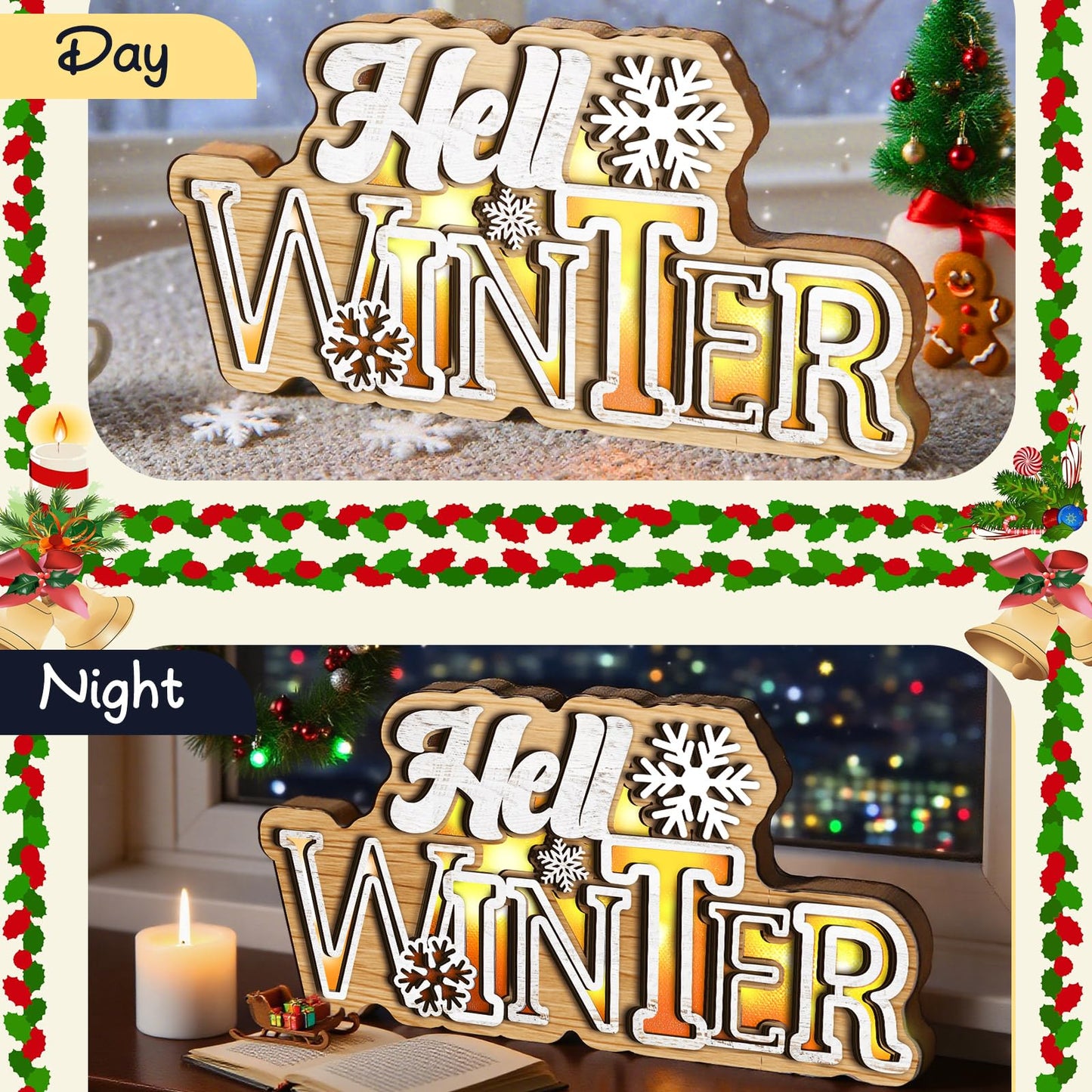 Glooglitter Hello Winter Snowflake Wooden Tabletop Decoration Winter Sign LED Snowflake Centerpiece Wood Plaque Freestanding Wood Sign for Xmas Table Party 13.8 x 3.5 Inch