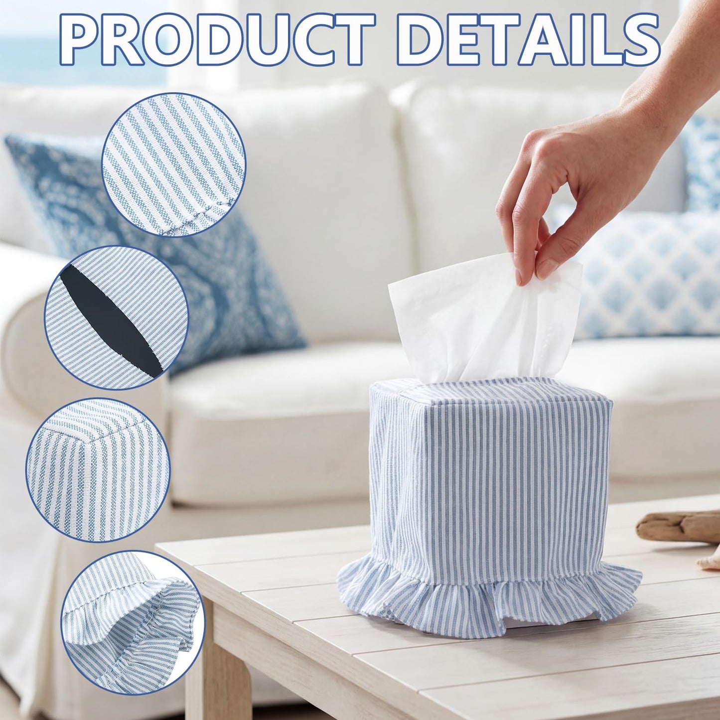 Sawysine Fabric Coastal Tissue Box Cover Light Blue White Linen Tissue Box Cover Decorative Beach Square Napkin Holder for Home Bedroom Living Room Bathroom Office Kitchen