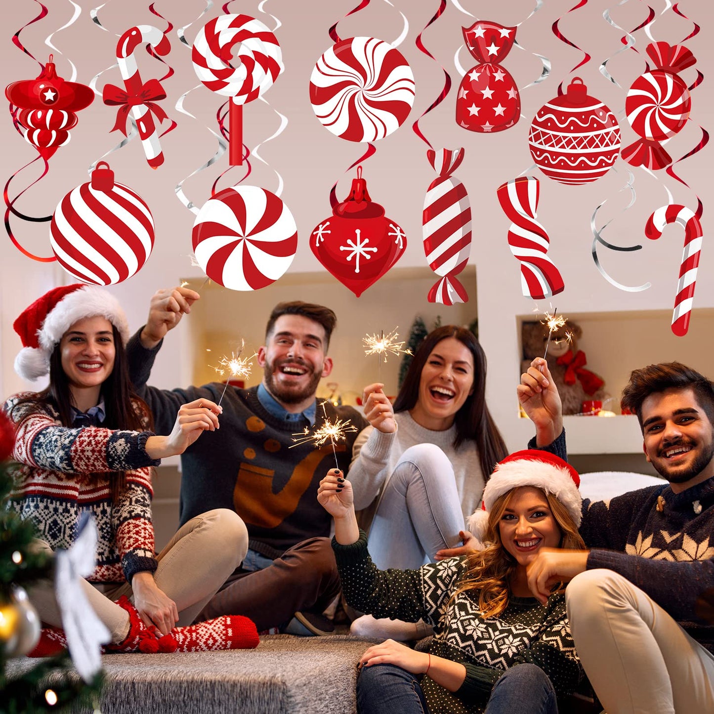 Funrous 56 Pcs Christmas Peppermint Candy Hanging Swirls Decorations Red and White Holiday Party Streamers for Home Winter Holiday Christmas Party Decor(Red White)
