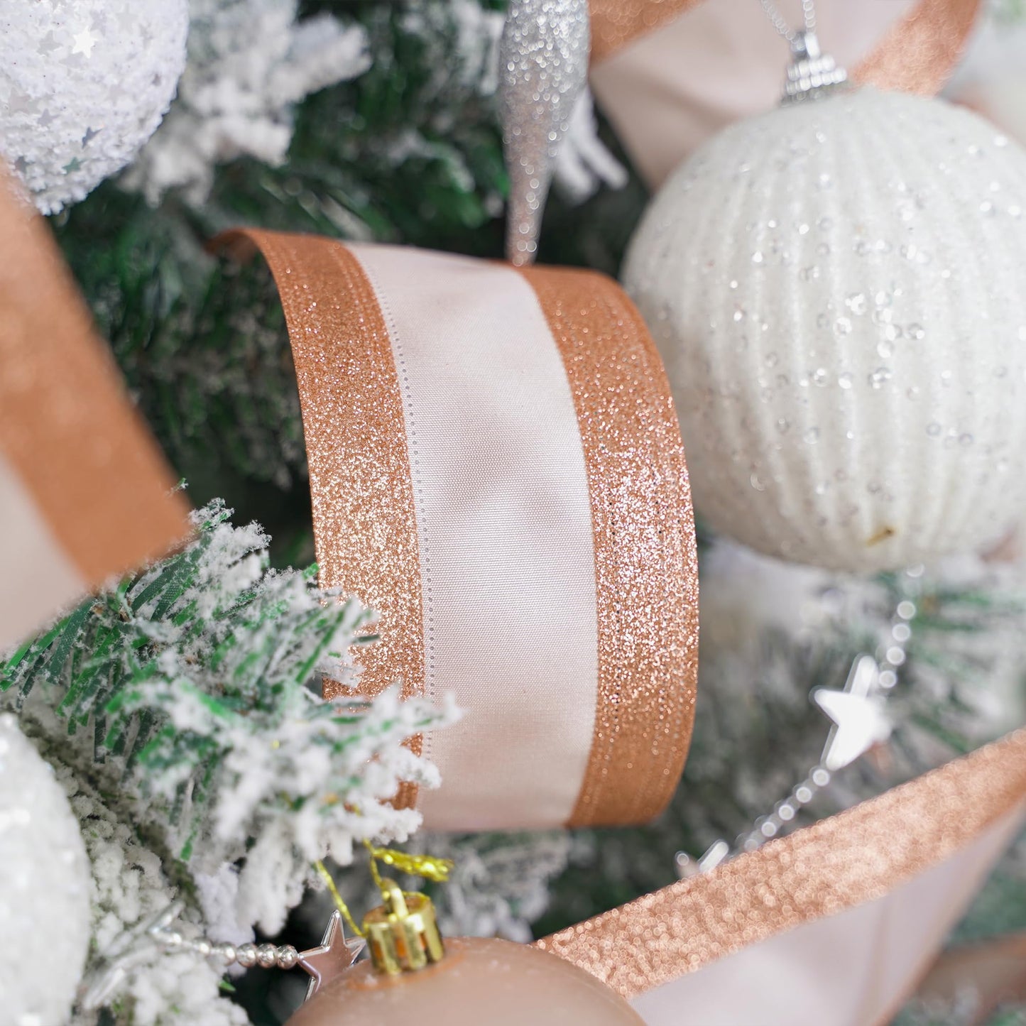 HUIHUANG Rose Gold Christmas Ribbon Wired Satin Ribbon with Glitter Stripe Edges 2.5 inch for Christmas Trees, Bows Making, Wreaths, Gift Wrapping Garland, Home Decor, Crafts -10 Yards