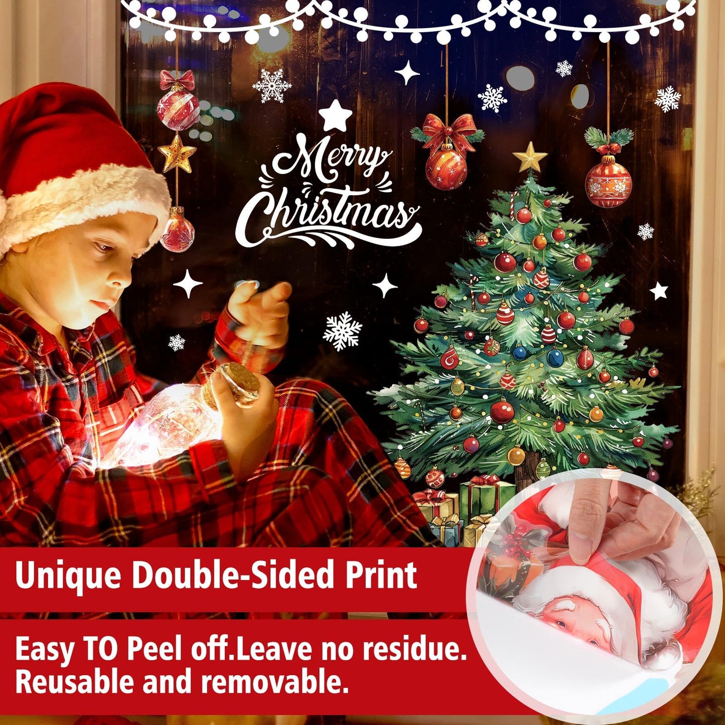 Jyanl 174PCS Christmas Window Clings Decorations Cute Large Christmas Tree Stickers Santa Claus Xmas Fall Window Snowflake Decal for Holiday Party Office (6 Sheets