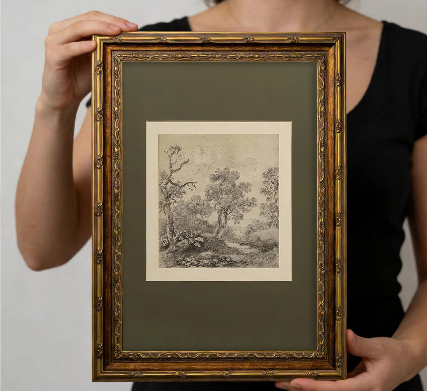 Vintage Gold Framed Wall Art Tree Forest Landscape Painting Canvas Prints Green Gray Tree Natural Sketch Picture Rustic Farmhouse Poster Artwork for Living Room Bedroom Bathroom, 9x11in