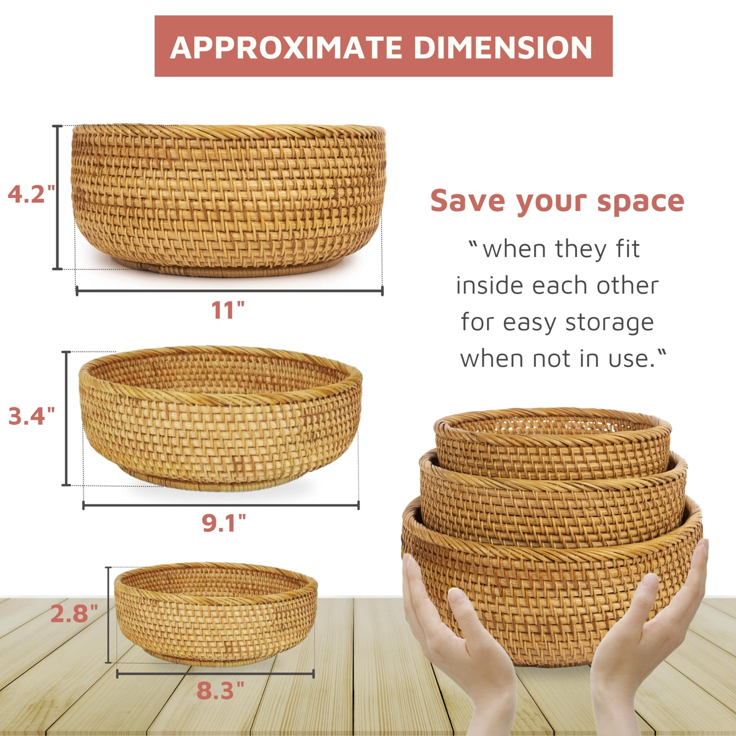 CLAYNIX Woven Fruit Basket For Holder Bowl Decorative Bread Vegetable, Serving Bowl Set of 3 For Organizing Kitchen Natural Rattan Picnic Basket Round Stackable (Natural)