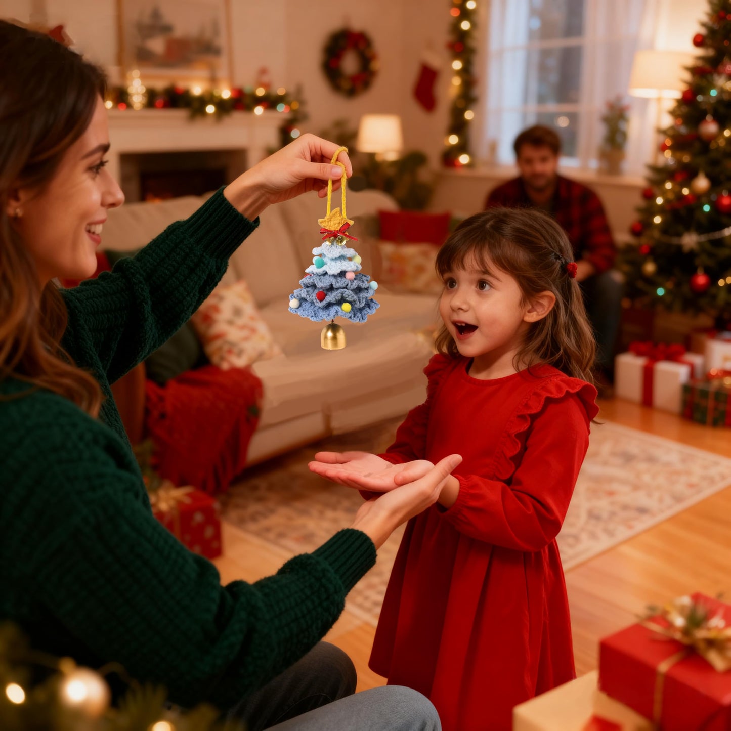 JSSTEM Handmade Crochet Christmas Tree, Hand-Knitted Ornaments Car Pendant with Bells, Stars, Bows & Pom Poms, Cotton Xmas Decor for Holiday Tree, Festive Gift, Home, Car and Party Decor, Blue